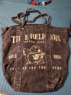 True Religion Black Washed Graphic Denim Large Tote